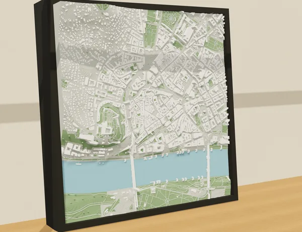 Framed Bratislava relief with raised buildings and the Danube
