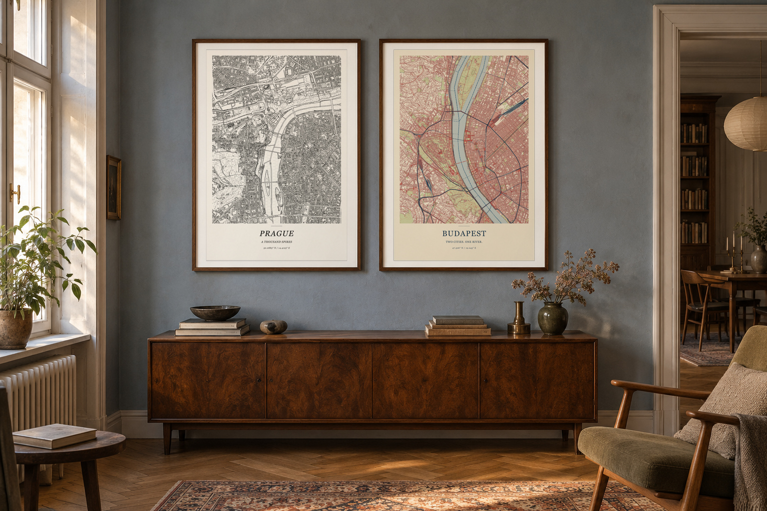 Prague in Pen & Ink and Budapest in Risograph, framed in a blue-grey European apartment