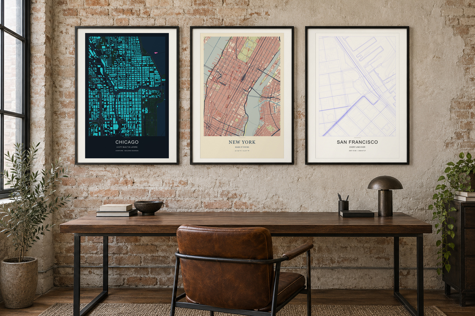 Chicago building footprints, New York Risograph and San Francisco historical linework in an American loft