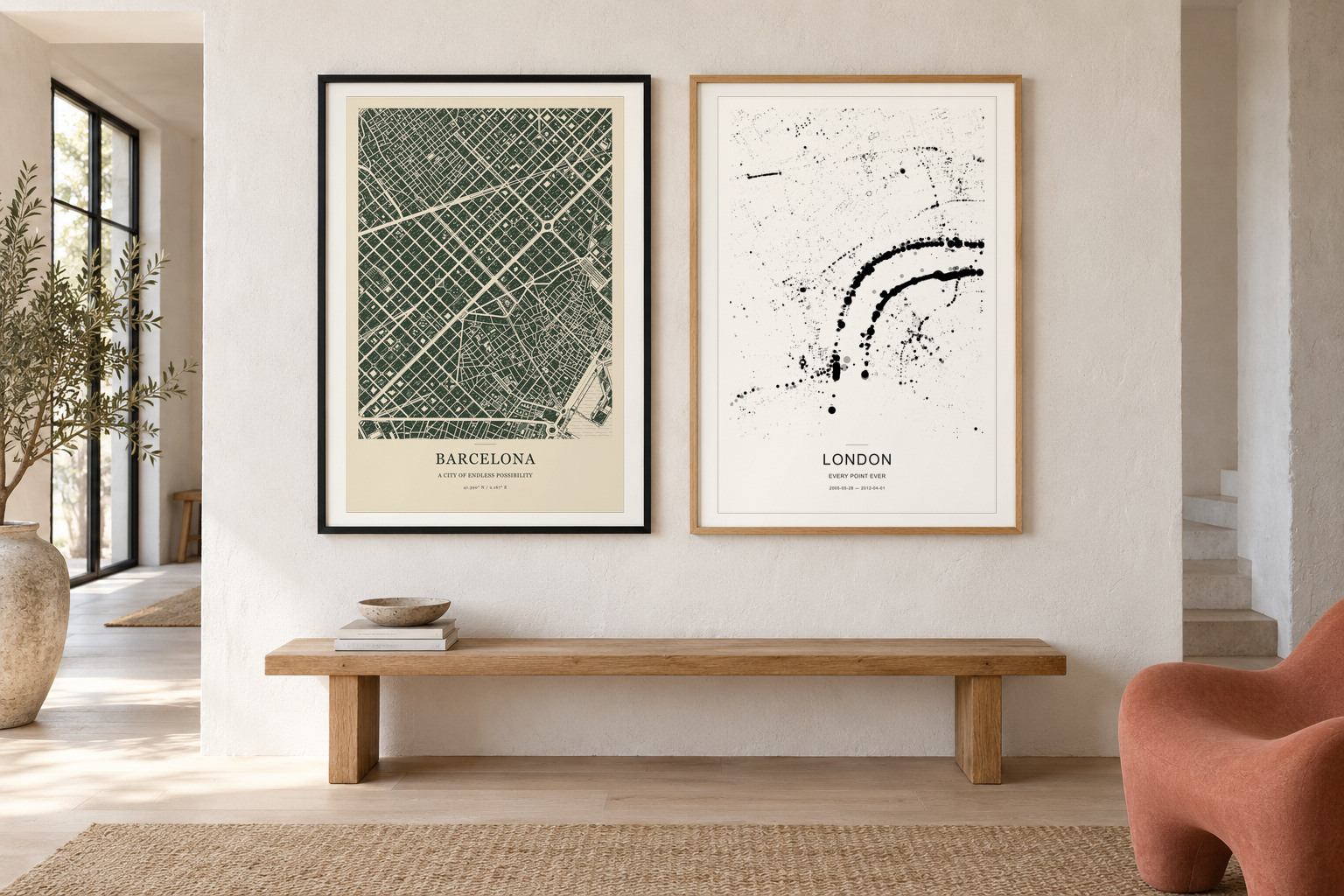 Barcelona in forest-green Linocut and Central London historical points along the Thames in a bright creative studio