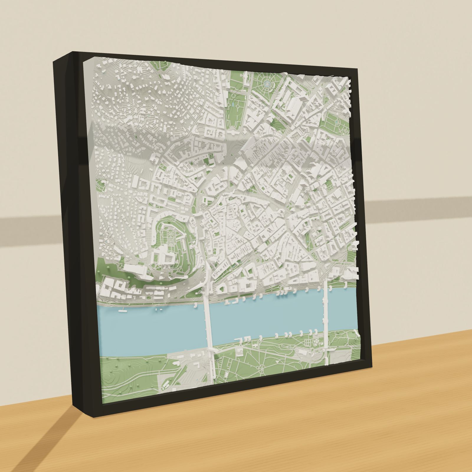 Studio preview of a framed Bratislava relief with raised buildings, terrain and the Danube