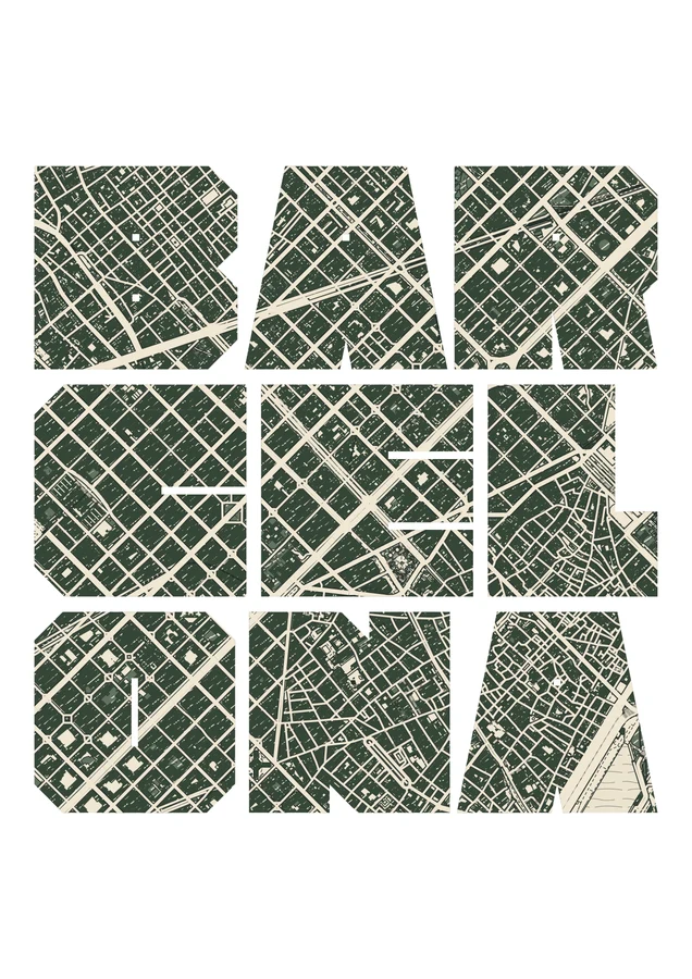 Barcelona streets filling BAR / CEL / ONA, in Linocut
