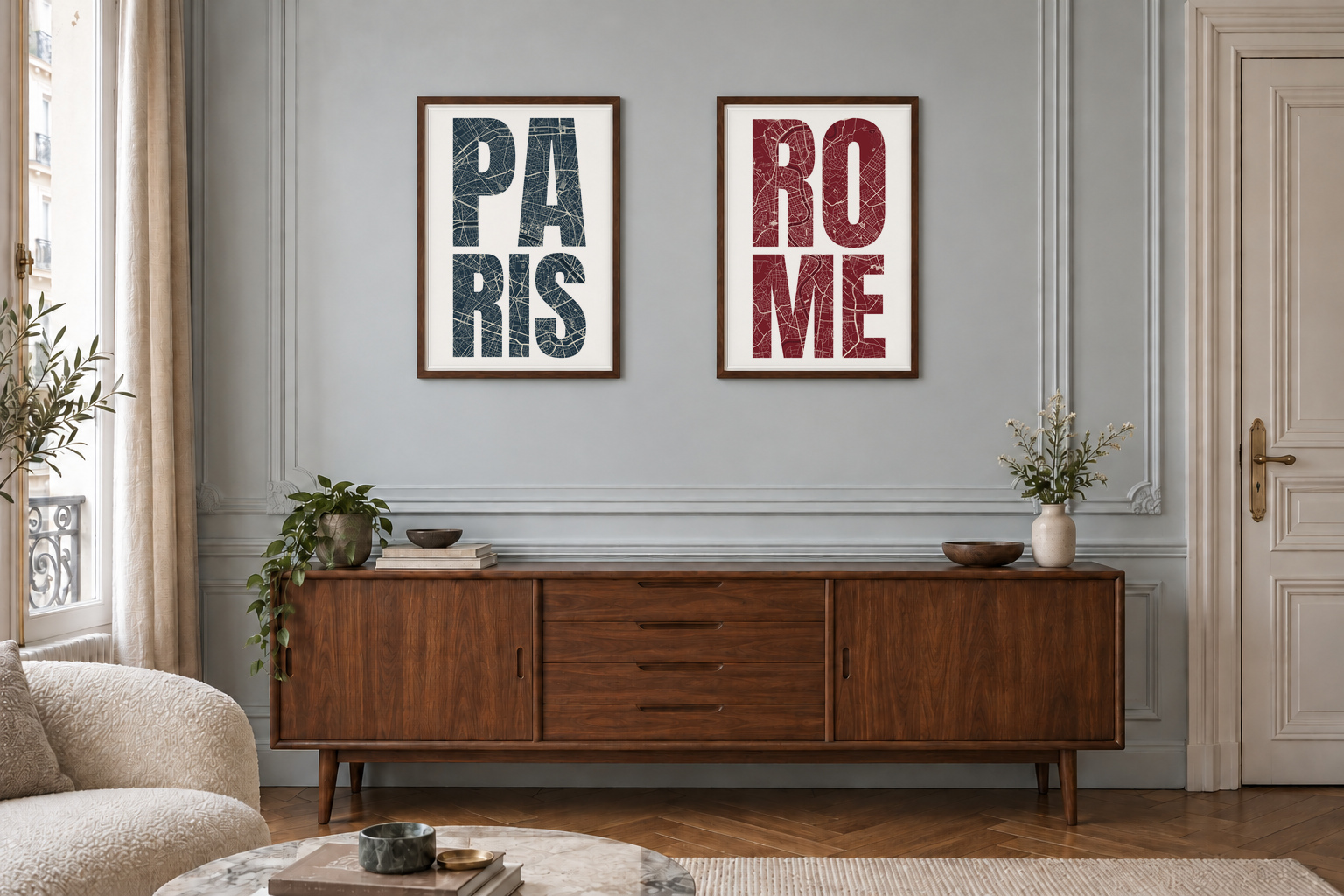 Earlier wider room view with A2 typography prints of Paris and Rome