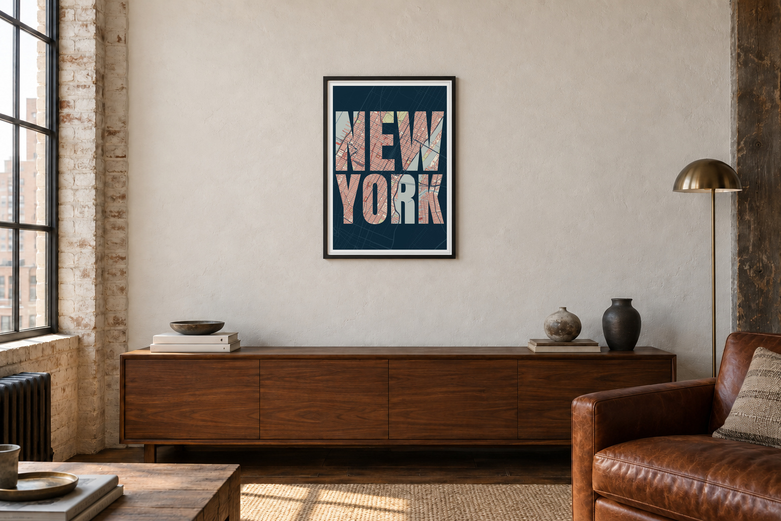 Earlier wider room view with A2 typography prints of New York