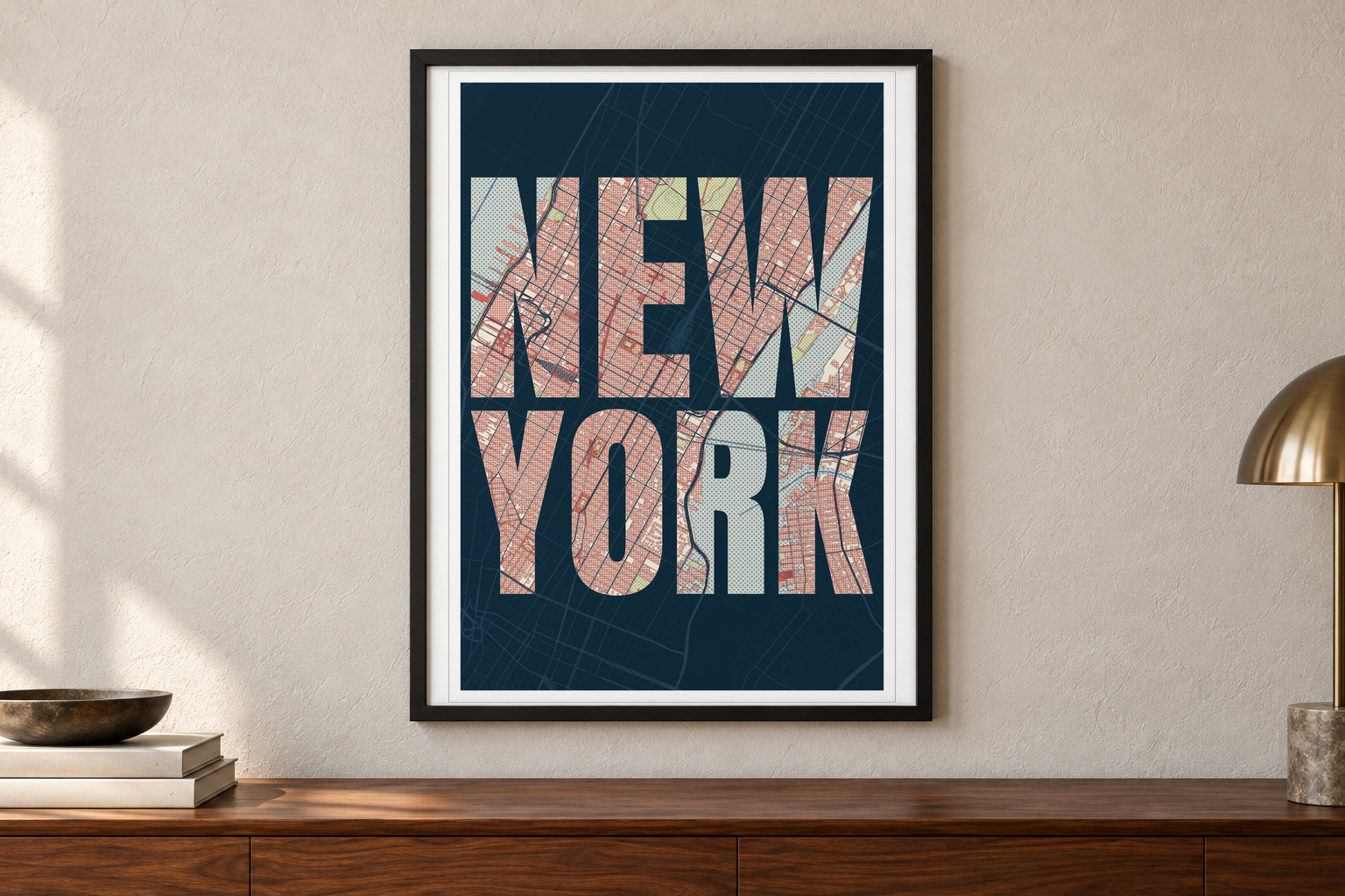 Close view of a portrait A2 New York typography map in a slim frame in a generated interior