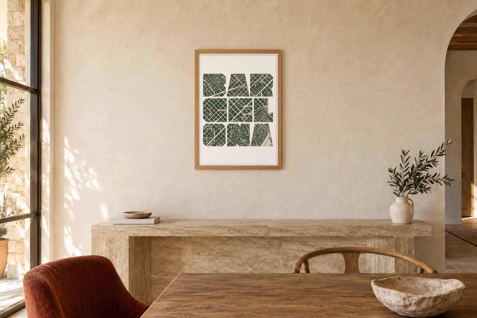 Earlier wider room view with A2 typography prints of Barcelona