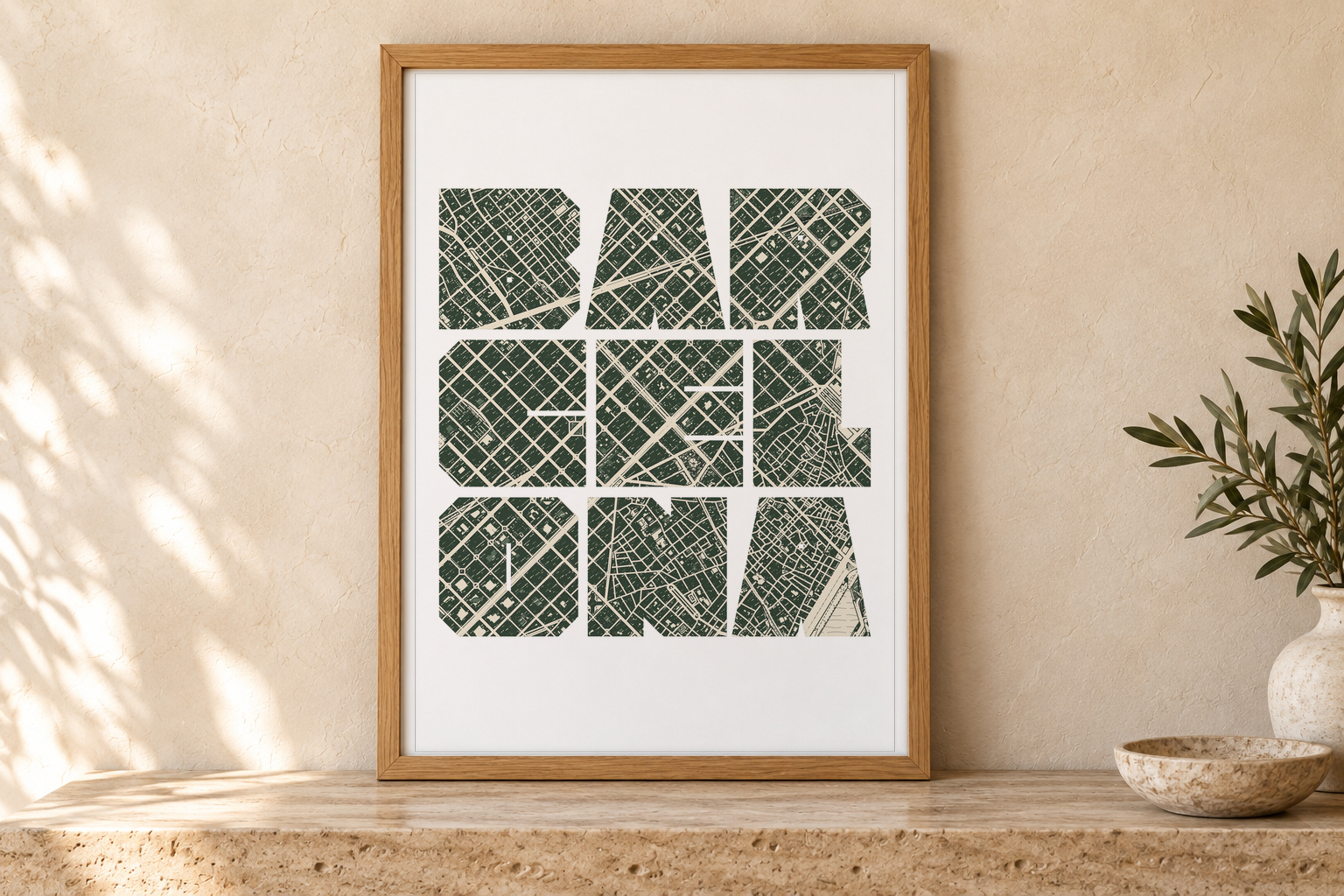 Close view of a portrait A2 Barcelona typography map reading BAR, CEL, ONA in a slim frame