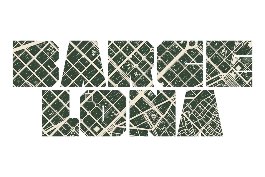 Barcelona city-name typography filled with its real map, in Linocut