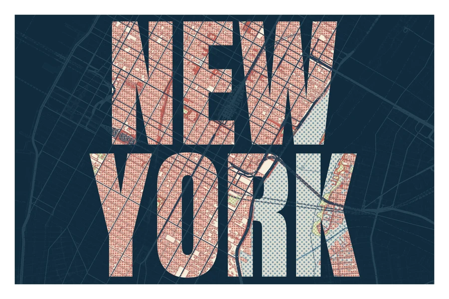 New York city-name typography filled with its real map, in Risograph