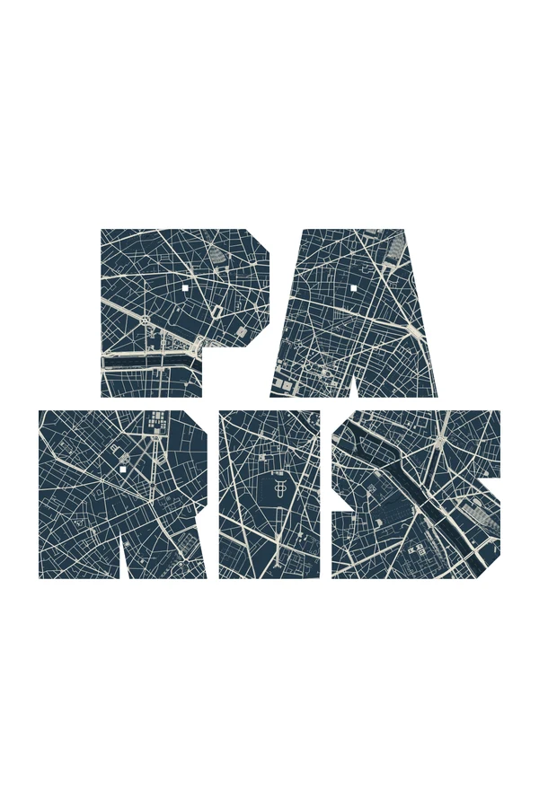 Paris city-name typography filled with its real map, in Two Colours Navy