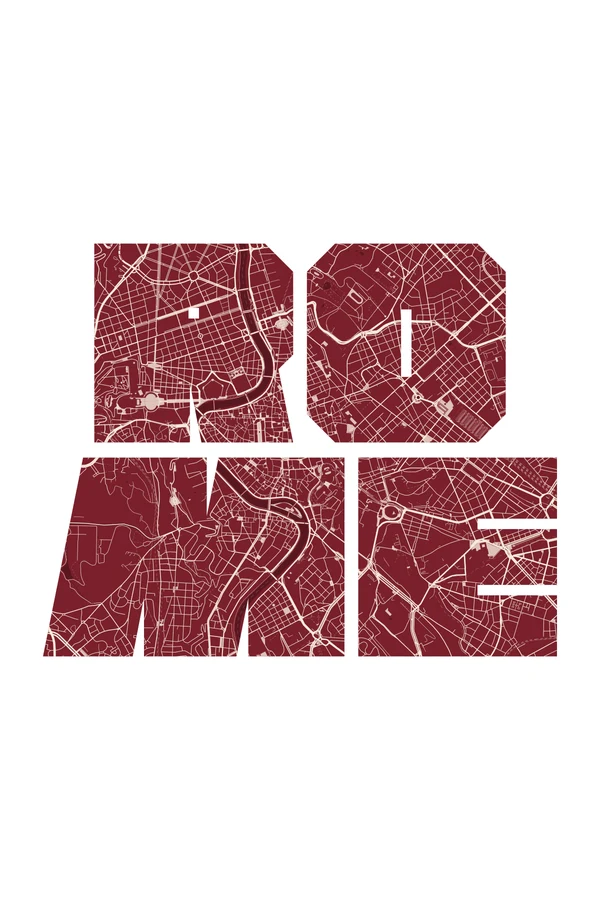 Rome city-name typography filled with its real map, in Two Colours Dark Red