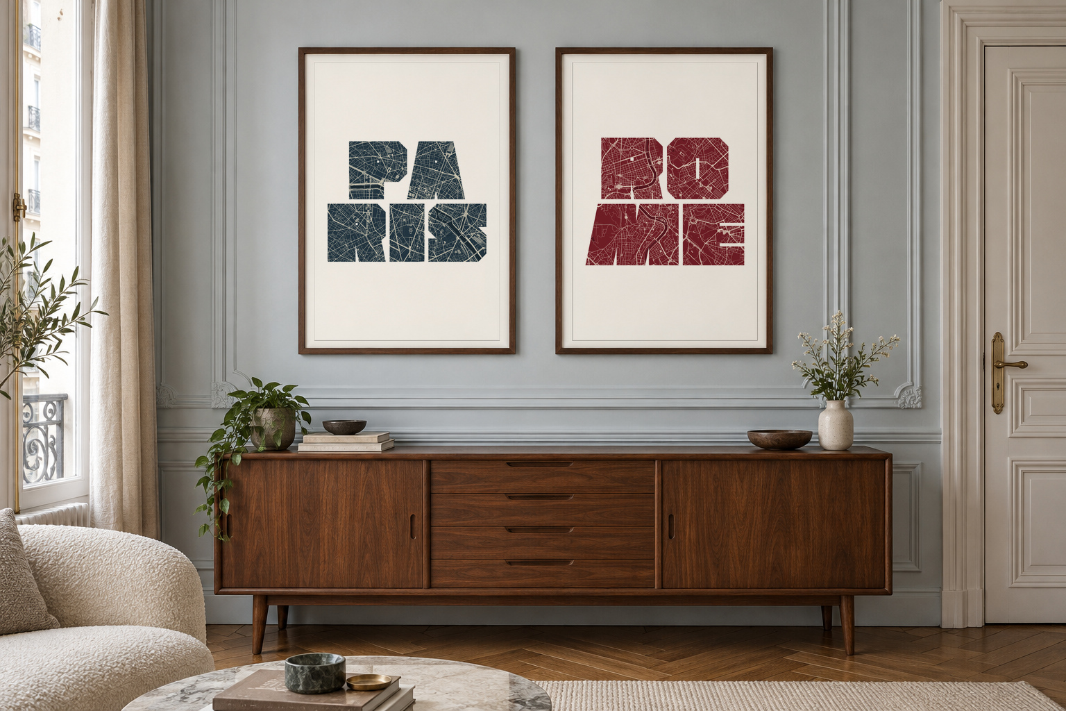 Paris and Rome city-name typography posters in portrait frames in a photorealistic apartment