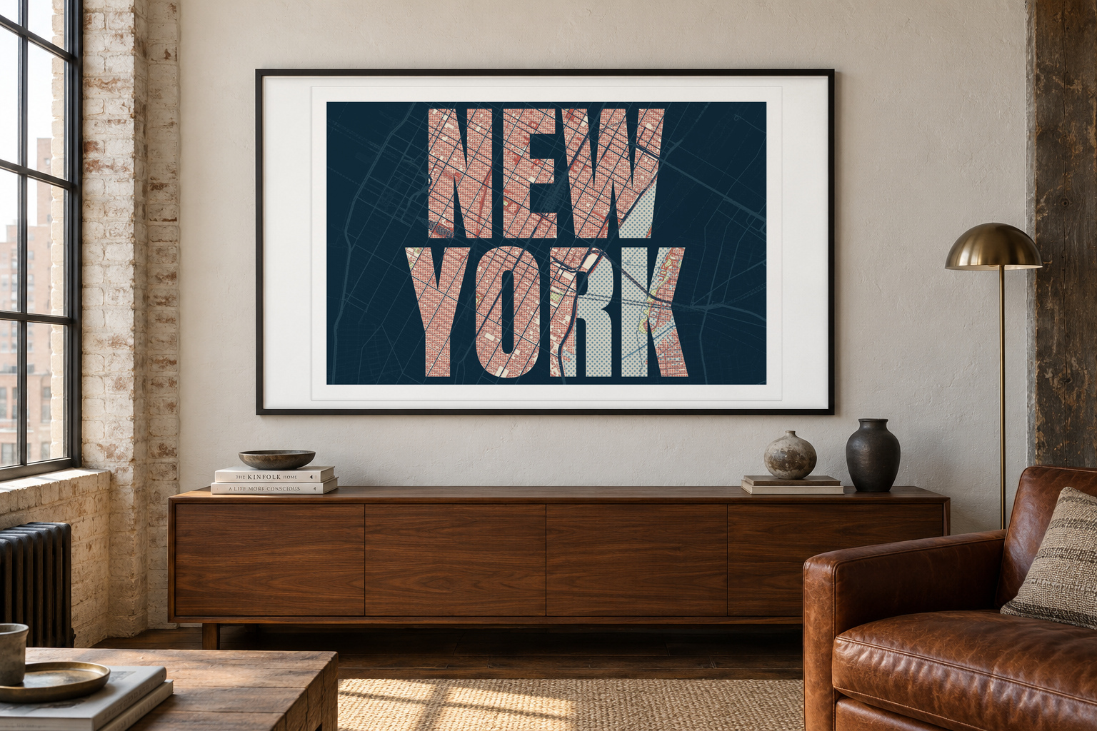 A landscape New York typography map in a frame in a photorealistic loft