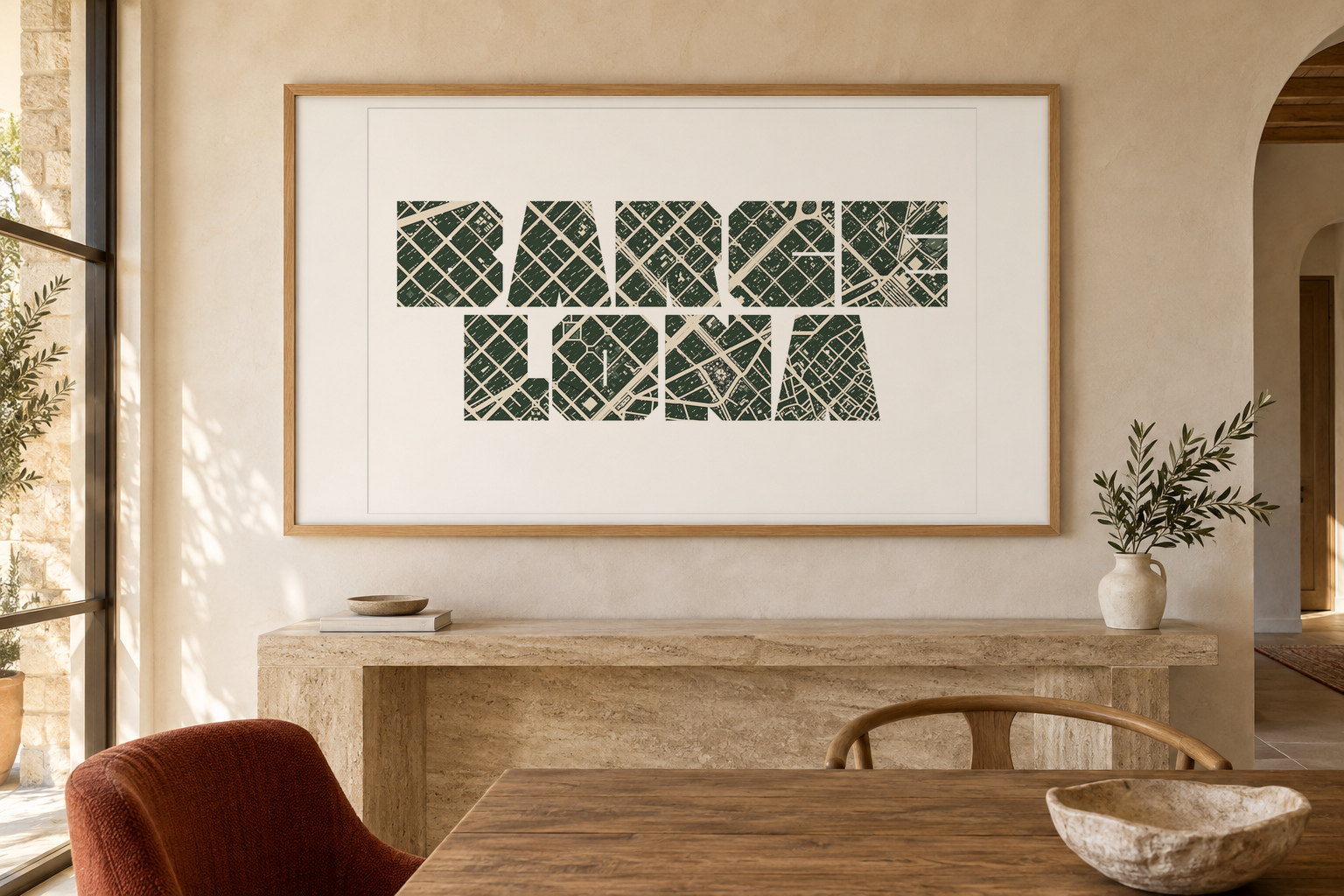 A landscape Barcelona typography map in a frame in a photorealistic Mediterranean room