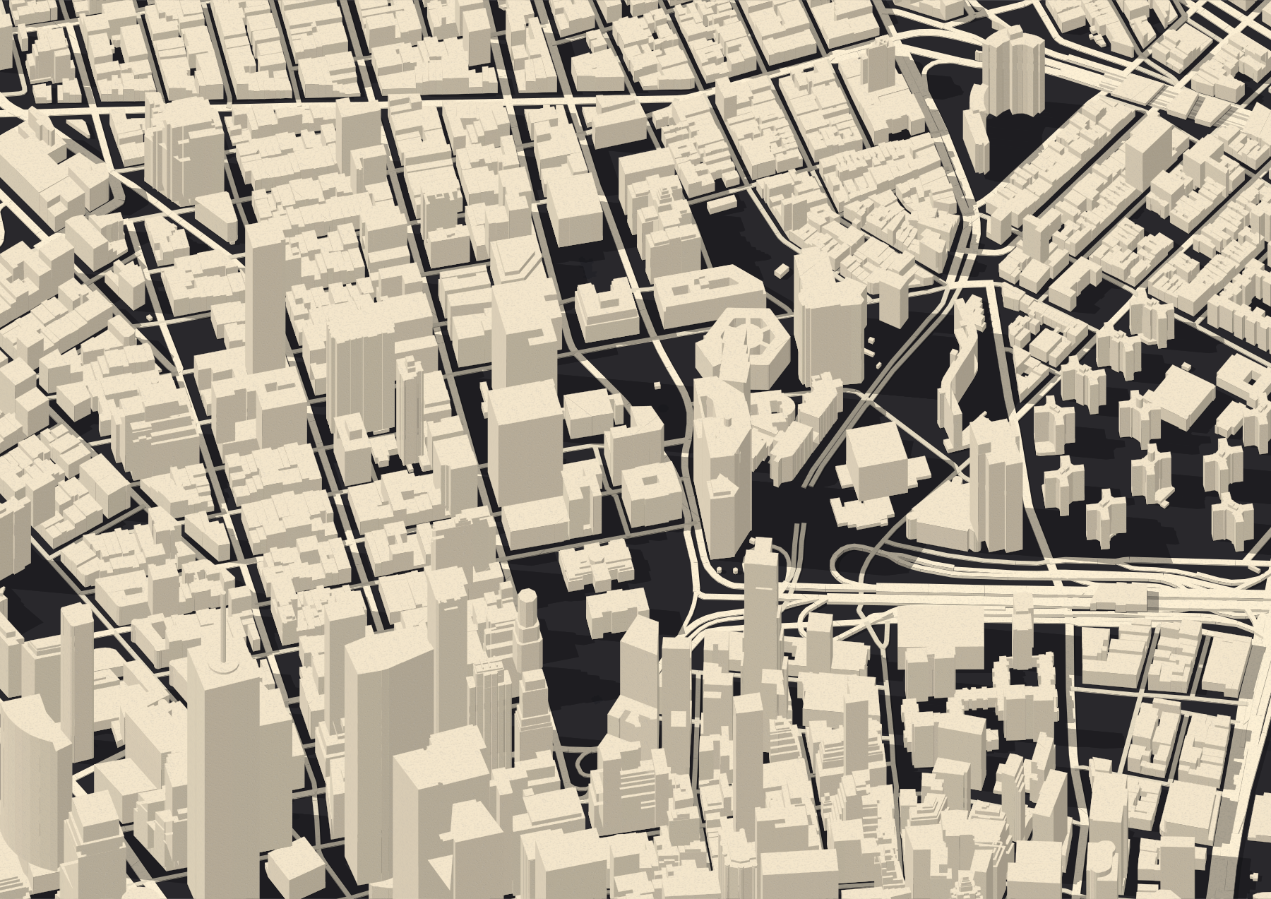 New York buildings rendered with paper textures, depth and soft shadows